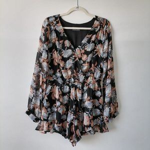 ASTR Womens Black V-Neck Long Sleeve Drawstring Waist Floral Mini Romper Size S